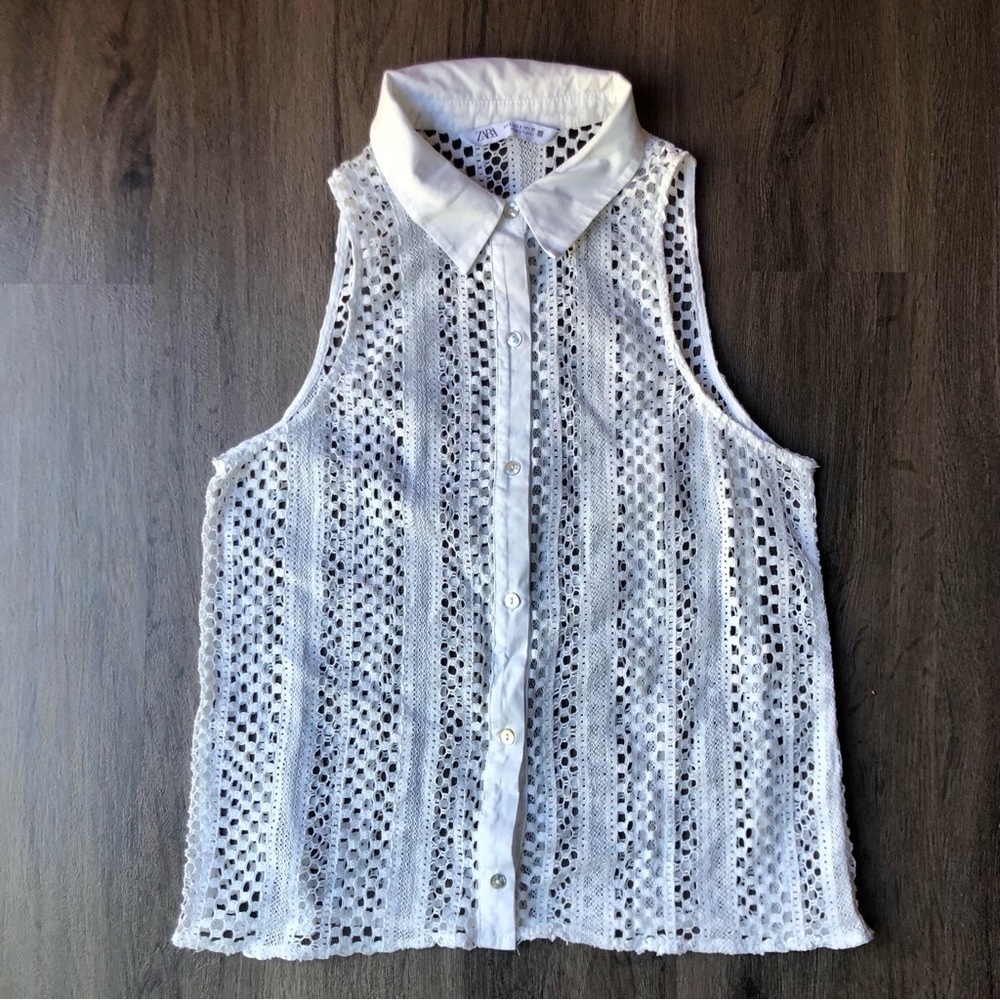 Crochet See Through Sleeveless Top White Lace Size S Retro Collared 60s Mod